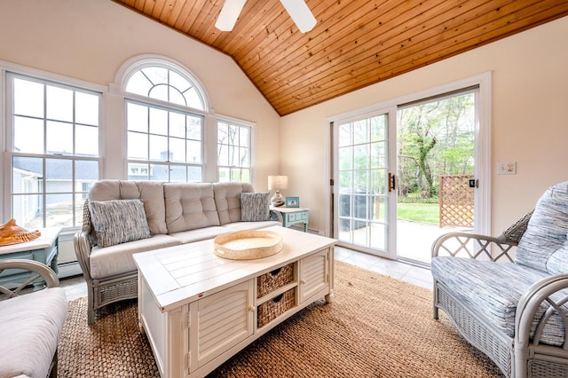 living area with wood ceiling, light tile patterned floors, ceiling fan, and high vaulted ceiling