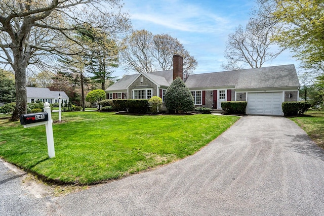 141 Parsley Ln, Osterville, MA 02655 - ranch-style house with an attached garage, a chimney, asphalt driveway, and a front lawn