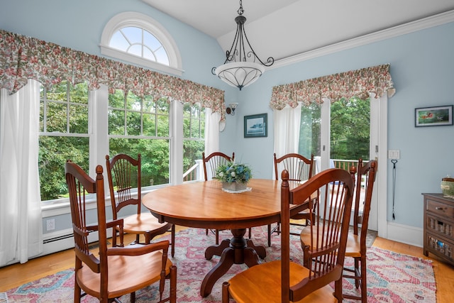 dining room featuring light wood-type flooring and vaulted ceiling