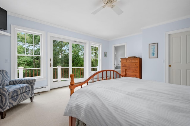 bedroom with crown molding, a baseboard radiator, light carpet, and ceiling fan