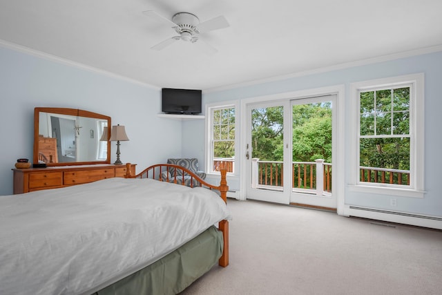 bedroom featuring ceiling fan, multiple windows, ornamental molding, and access to outside