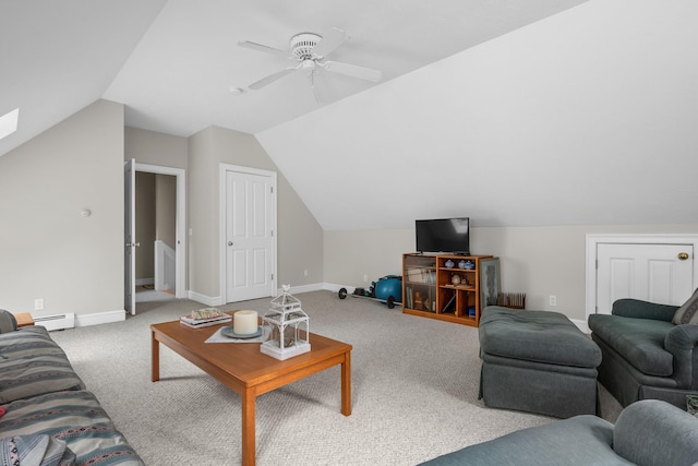 living room with ceiling fan, light colored carpet, a baseboard heating unit, and lofted ceiling