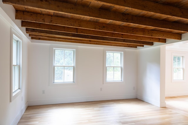 spare room featuring beam ceiling, light hardwood / wood-style floors, and wooden ceiling