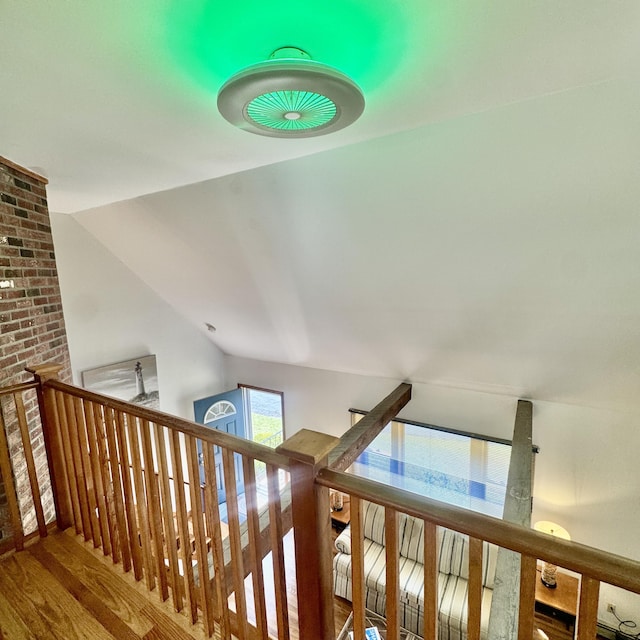 29 Lumberjack Trl, West Yarmouth, MA 02673 - hall with wood finished floors, an upstairs landing, and vaulted ceiling