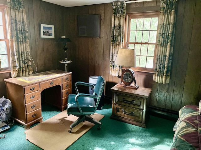 office with carpet and wooden walls