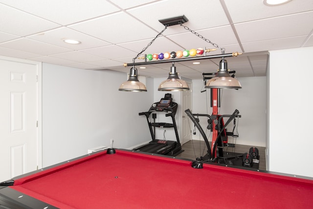 recreation room with recessed lighting, a drop ceiling, and billiards