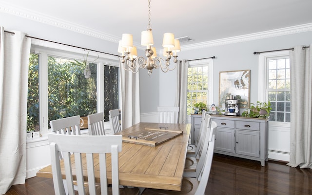 dining area with a wealth of natural light, visible vents, dark wood finished floors, and an inviting chandelier