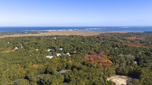 drone / aerial view with a wooded view