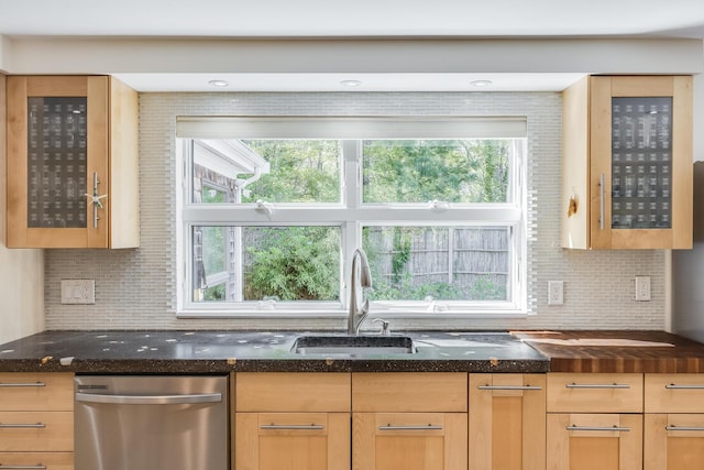 10 Westerly Dr, Bourne, MA 02532 - kitchen with dishwasher, a sink, glass insert cabinets, and dark stone counters
