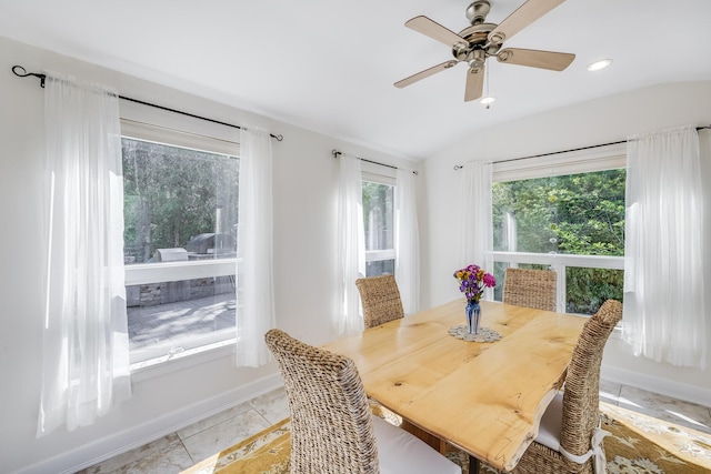 10 Westerly Dr, Bourne, MA 02532 - dining room with lofted ceiling, recessed lighting, a ceiling fan, baseboards, and light tile patterned floors
