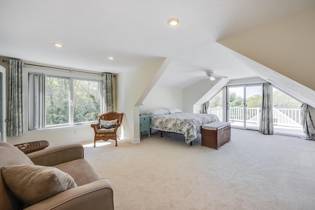 10 Westerly Dr, Bourne, MA 02532 - carpeted bedroom featuring access to exterior, vaulted ceiling, a ceiling fan, recessed lighting, and baseboards