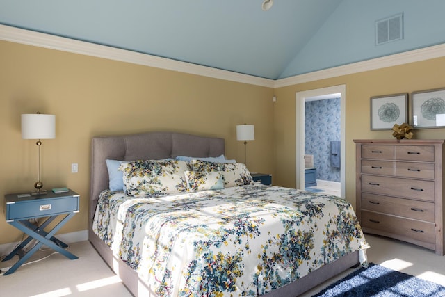 carpeted bedroom featuring connected bathroom, visible vents, ornamental molding, and vaulted ceiling