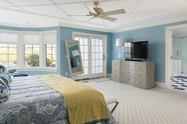 bedroom with carpet flooring, baseboards, access to exterior, and crown molding