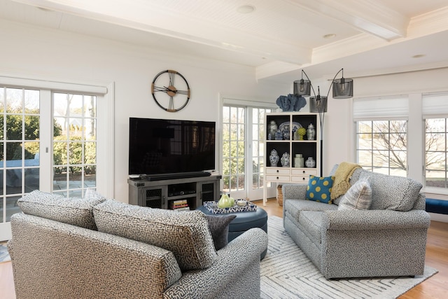 living area featuring beamed ceiling, wood finished floors, and ornamental molding