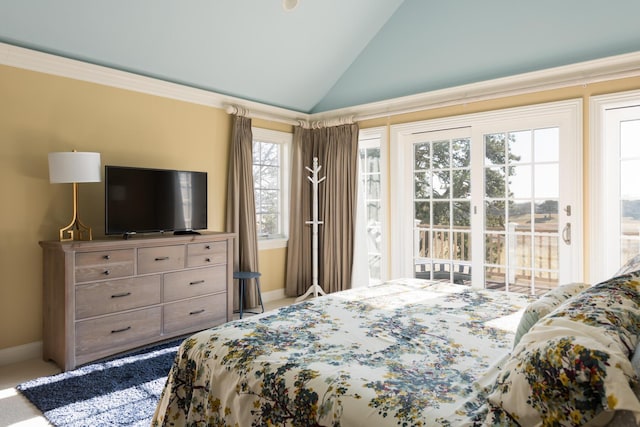 carpeted bedroom featuring baseboards, lofted ceiling, and access to outside