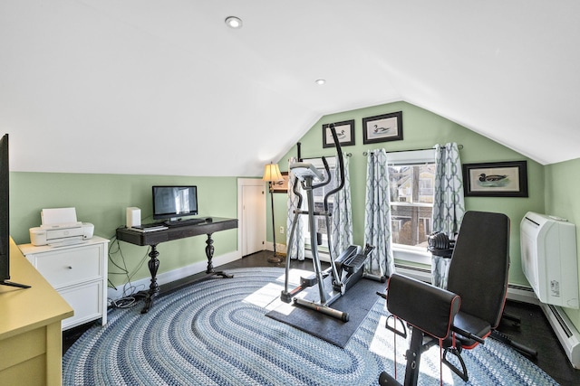 exercise room featuring baseboard heating, recessed lighting, lofted ceiling, and baseboards