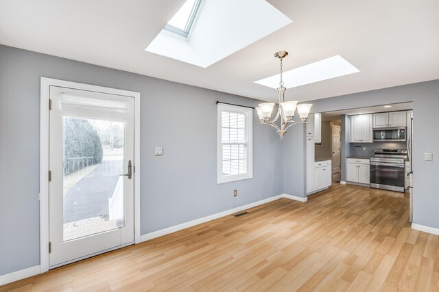 kitchen with stainless steel appliances, a skylight, decorative light fixtures, and light wood-style floors