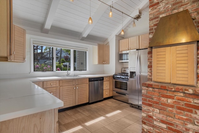 174 Waterway, Mashpee, MA 02649 - kitchen featuring appliances with stainless steel finishes, light brown cabinetry, a sink, light countertops, and wood ceiling