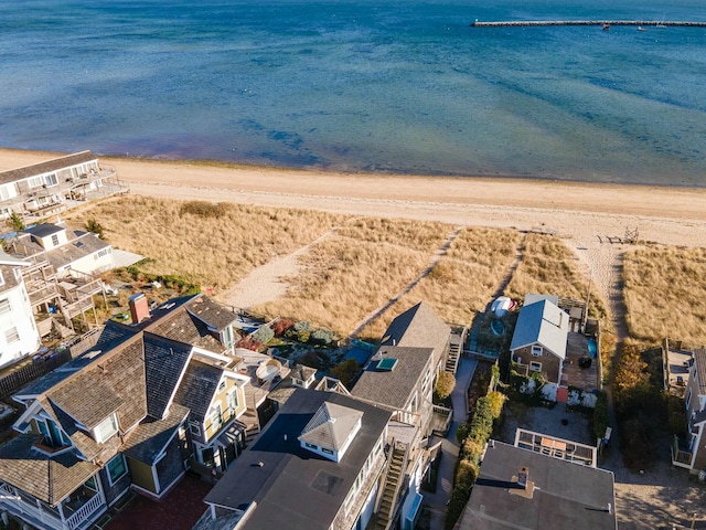 aerial view featuring a water view and a view of the beach