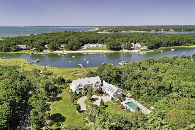 birds eye view of property featuring a water view