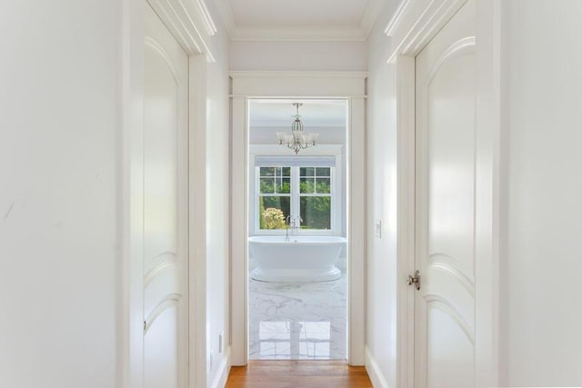 hallway featuring crown molding, hardwood / wood-style flooring, and a chandelier