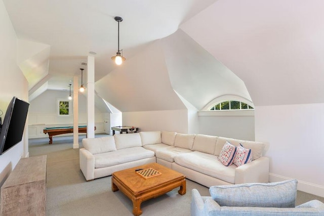 living room featuring light carpet, a healthy amount of sunlight, vaulted ceiling, and pool table