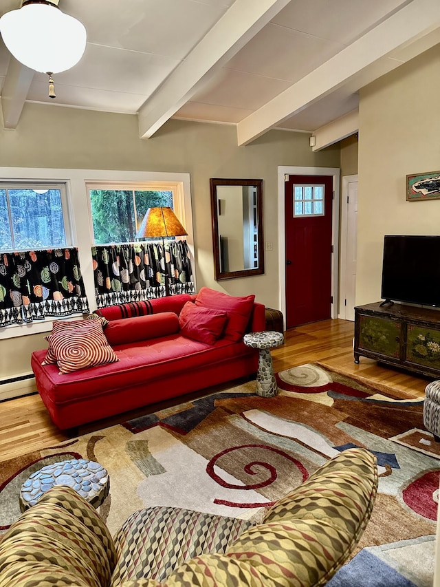 53 Highland Rd, North Truro, MA 02652 - living area featuring wood finished floors and beamed ceiling