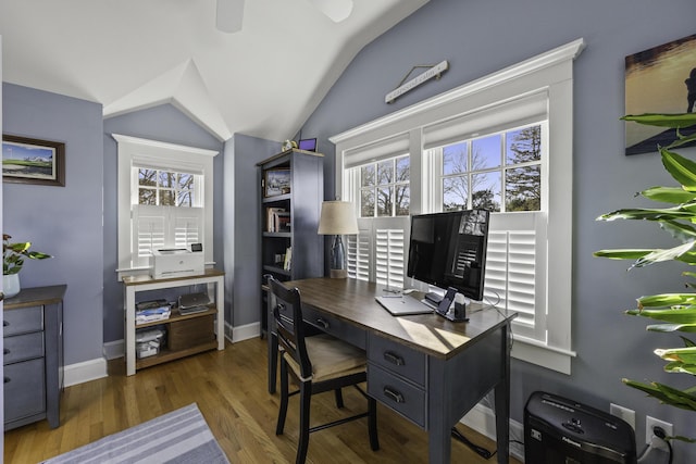 122 Point Of Pines Ave, Centerville, MA 02632 - office featuring lofted ceiling, wood finished floors, a ceiling fan, and baseboards