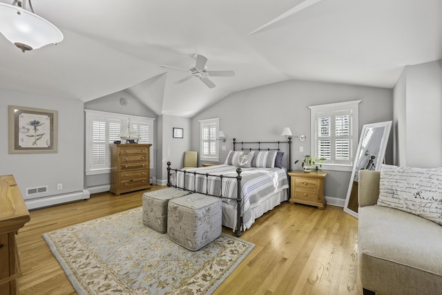 122 Point Of Pines Ave, Centerville, MA 02632 - bedroom with a baseboard heating unit, light wood-style flooring, ceiling fan, lofted ceiling, and baseboards