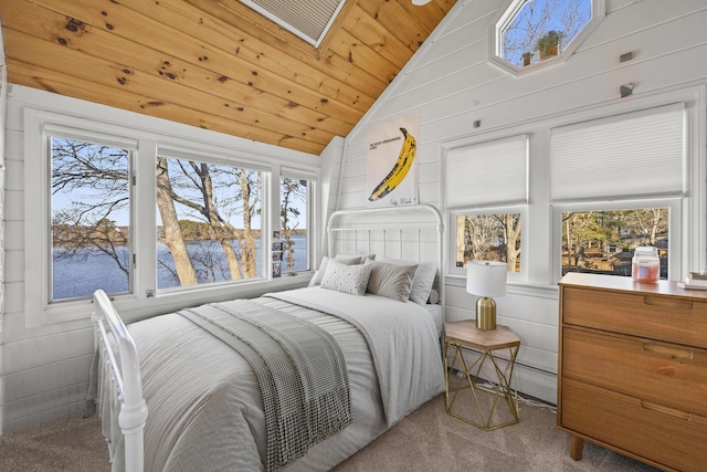 122 Point Of Pines Ave, Centerville, MA 02632 - carpeted bedroom with lofted ceiling, multiple windows, a water view, wood ceiling, and a baseboard radiator