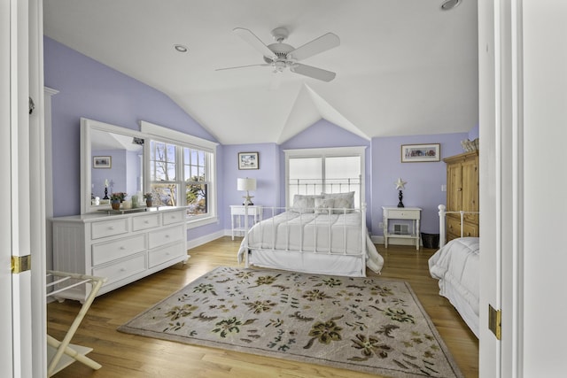 122 Point Of Pines Ave, Centerville, MA 02632 - bedroom with lofted ceiling, baseboards, wood finished floors, and ceiling fan