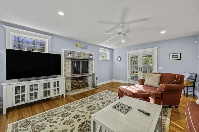 122 Point Of Pines Ave, Centerville, MA 02632 - living area with ceiling fan, french doors, wood finished floors, baseboards, and recessed lighting