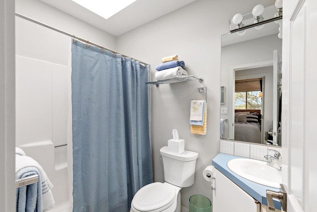 20 Beach Rd, Eastham, MA 02642 - ensuite bathroom with vanity, shower / tub combo with curtain, and tasteful backsplash