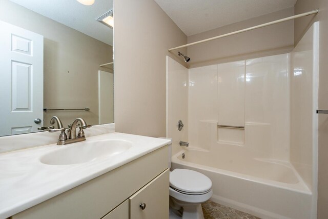 full bathroom with vanity, bathing tub / shower combination, toilet, and visible vents