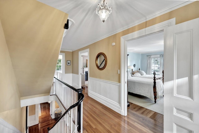 corridor featuring hardwood / wood-style flooring, an inviting chandelier, ornamental molding, and a healthy amount of sunlight