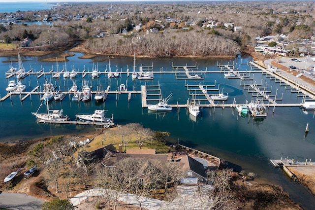 bird's eye view with a water view