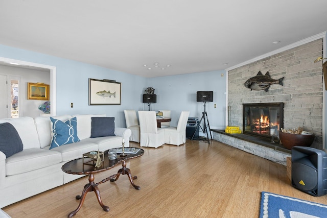 living room featuring light hardwood / wood-style flooring and a stone fireplace