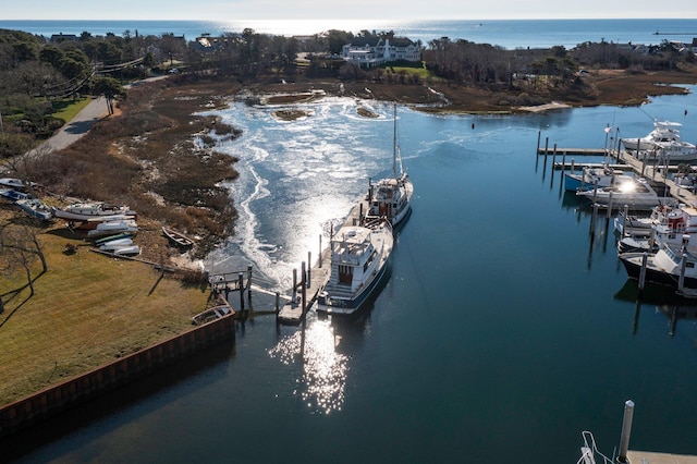 bird's eye view with a water view