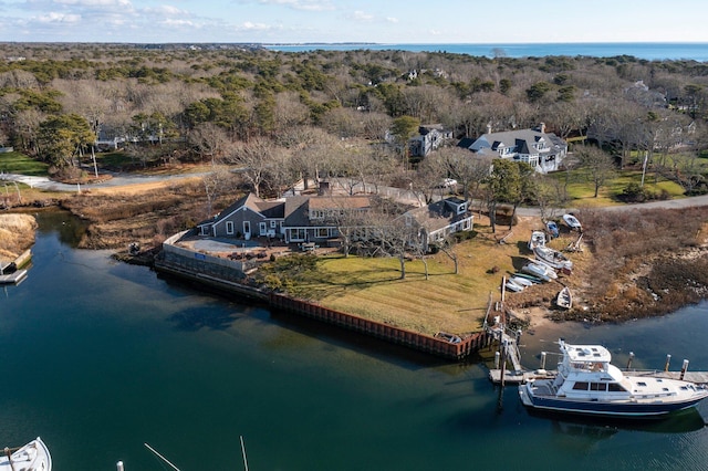 bird's eye view with a water view