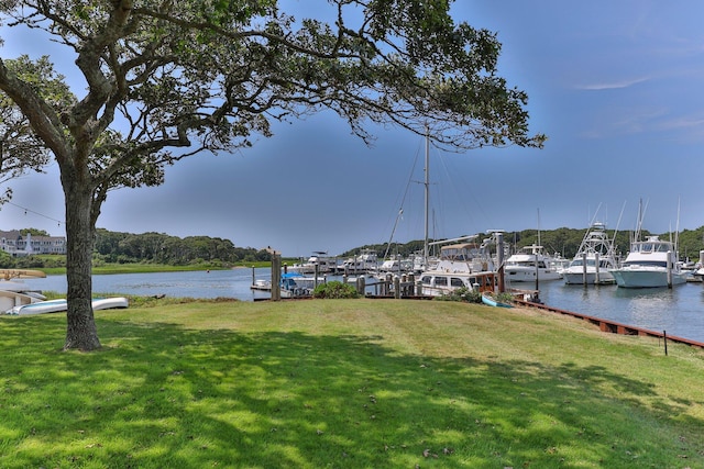 dock area featuring a yard and a water view