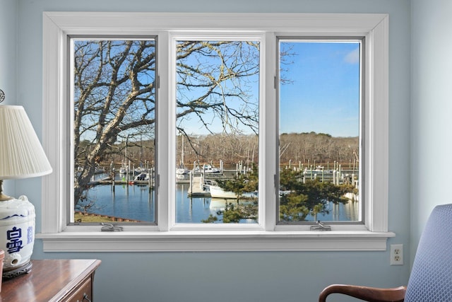 interior details with a water view