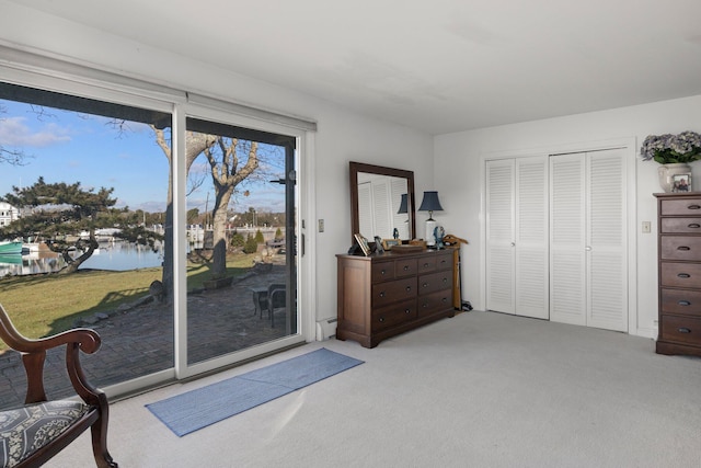 interior space with a water view, light colored carpet, and baseboard heating