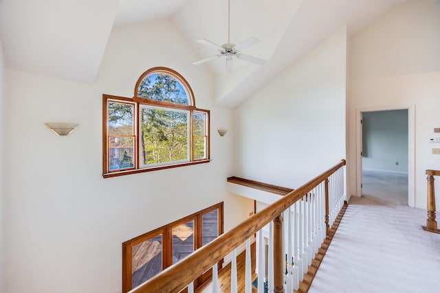 hall featuring carpet flooring and high vaulted ceiling