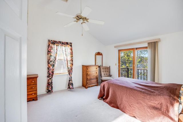 carpeted bedroom with a ceiling fan, baseboards, access to outside, and vaulted ceiling