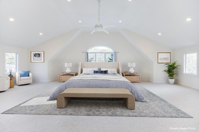 carpeted bedroom with lofted ceiling, baseboards, a ceiling fan, and recessed lighting