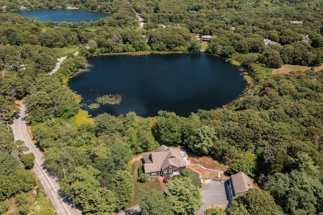 bird's eye view featuring a water view and a wooded view