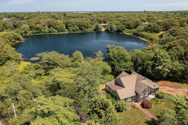 bird's eye view featuring a water view and a view of trees