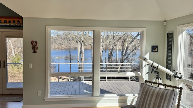 entryway featuring lofted ceiling, a healthy amount of sunlight, and a water view