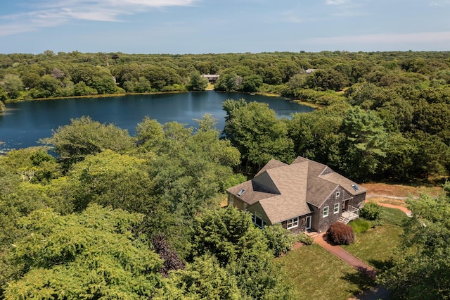 bird's eye view featuring a water view and a view of trees