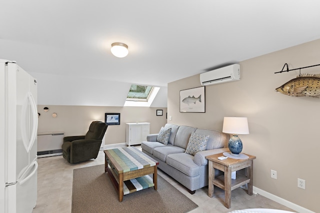 living area with a skylight, baseboards, and a wall mounted AC